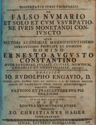 Dissertatio Ivris Criminalis De Falso Nvmario Et Solo Et Cvm Vsvrpatione Ivris Monetandi Conivncto