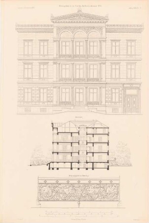 Wohngebäude Bellevuestraße 6, Berlin: Ansicht, Querschnitt, Detail (aus: Atlas zur Zeitschrift für Bauwesen, hrsg. v. G. Erbkam, Jg. 23, 1873)