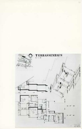 Wohnquartier Alt-Lietzow, Berlin-Charlottenburg (Diplomarbeit bei Willy Kreuer): Terrassenhaus, Grundriss, Schnitt und Perspektivische Ansicht (Vogelschau) 1:50