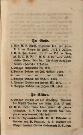 Verzeichniss einer Sammlung seltener Danziger Medaillen und Münzen, auf welche die Buch-Handlung von B. Kabus in Danzig im Ganzen oder getheilt Gebote annimmt