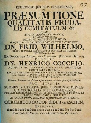 Disputatio Juridica Inauguralis, De Præsumtione Qualitatis Feudalis Comitatuum [et]c