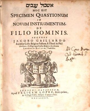 Specimen quaestionum in Novum Instrumentum de filio hominis
