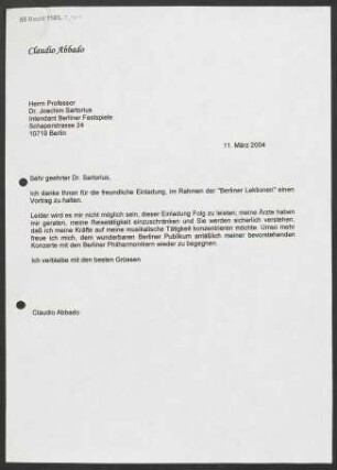 Brief an Joachim Sartorius an Berliner Festspiele, 11.03.2004