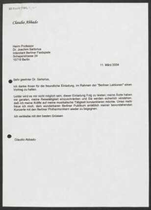 Brief an Joachim Sartorius an Berliner Festspiele, 11.03.2004