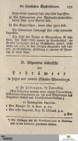 B. Allgemeine Uebersicht der Lehrämter in hohen und niedern Schulen Wirtembergs.