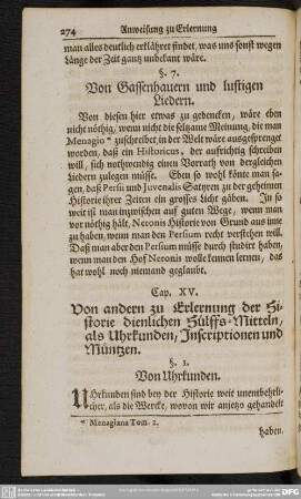 Cap. XV. Von andern zu Erlernung der Historie dienlichen Hülffs-Mitteln, als Uhrkunden, Inscriptionen und Müntzen