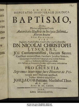 Disputatio Inauguralis Iuridica De Baptismo
