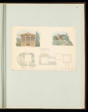 Pavillon über einem Eiskeller Monatskonkurrenz Dezember 1849: Grundriss Keller, Erdgeschoss, Aufriss Vorderansicht, Querschnitt, perspektivische Ansicht; 2 Maßstabsleisten
