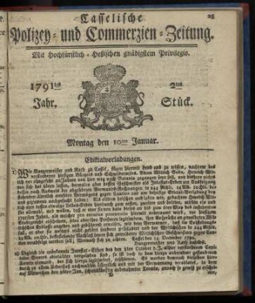 2tes Stueck, Montag den 10ten Januar. 1791