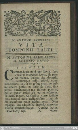 M. Antonii Sabellici Vita Pomponii Laeti