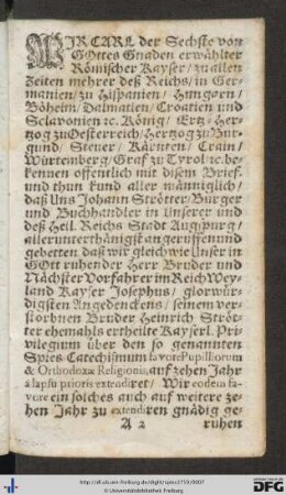 Wir Carl der Sechste von Gottes Gnaden erwählter Römischer Kayser ...