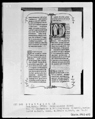 Lateinische Bibel, drei Bände — Initiale D (ixit), darin Christus mit einem Narren, Folio 15verso