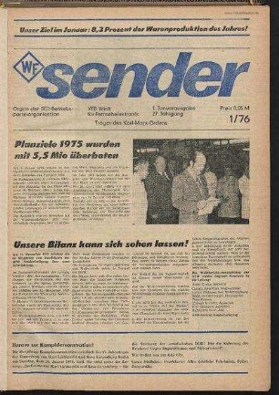 Betriebszeitung 'WF-Sender', Nr.1/1976 (1. Januarausgabe 1976)