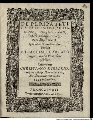 De Peripatetica Philosophiae Divisioine, parteq[ue] huius altera, Practica nimirum, in genere disputatio II.