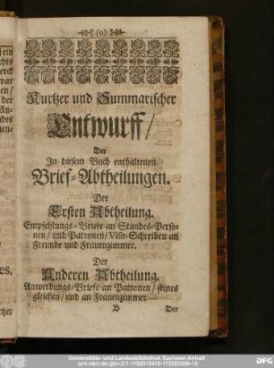 Kurtzer und Summarischer Entwurff, Der In diesem Buch enthaltenen Brief-Abtheilungen.