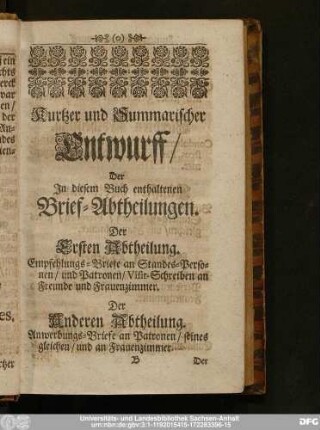 Kurtzer und Summarischer Entwurff, Der In diesem Buch enthaltenen Brief-Abtheilungen.