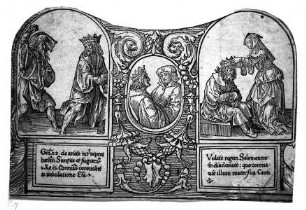 Die sogenannte "Große Passion Christi" — Vignette mit David auf der Flucht vor Absalom (links), König David mit einem Propheten (Mitte) und David von seiner Mutter gekrönt (rechts)