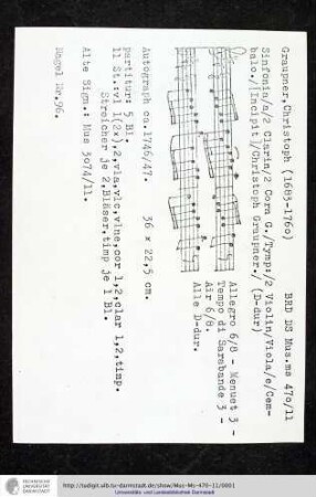 Sinfonia / a / 2 Clarin / 2 Corn G. / Tymp: / 2 Violin / Viola / e / Cembalo. / [Incipit] / Christoph Graupner.
