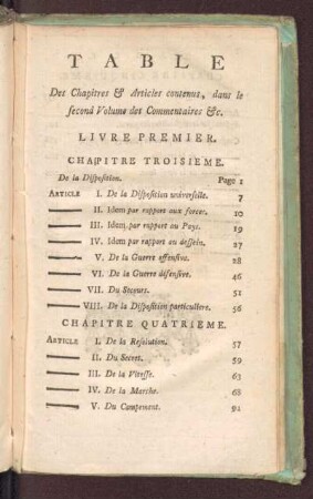 Table des chapitres & articles contenus, dans le second volume des commentaires