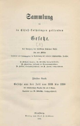 [Abt. 1], Bd. 5: Gesetze aus der Zeit von 1886 bis 1890 mit alphabetischem Register für alle 5 Bände