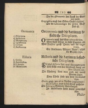 Oeconomia und die darinnen befindliche Disciplinen.