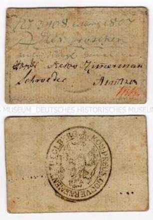 Papiergeld der Belagerung von Kolberg 1807: "Kommissions-Kupon" über 4 Groschen