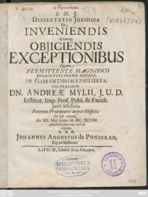 Dissertatio Iuridica De Inveniendis Cauteq[ue] Obiiciendis Exceptionibus