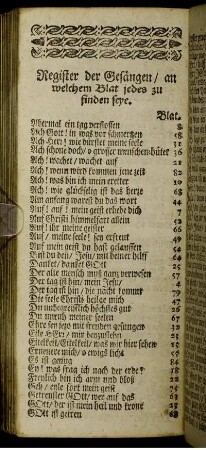 Register der Gesängen / an welchem Blat jedes zu finden seye.
