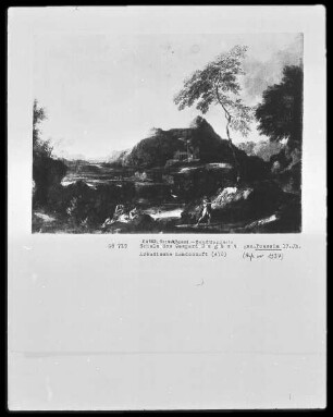 Arkadische Landschaft, im Vordergrund Jüngling mit rotem Mantel