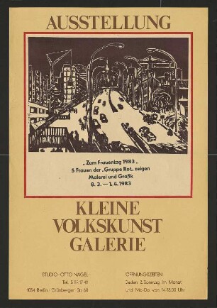 Ausstellungswerbung: "‘Zum Frauentag 1983‘. 5 Frauen der ‚Gruppe Rot‘ zeigen Malerei und Grafik" von 08.03. bis 01.04.1981