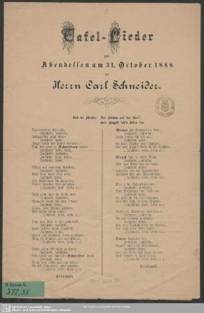 Tafel-Lieder zum Abendessen am 31. October 1888 bei Herrn Carl Schneider