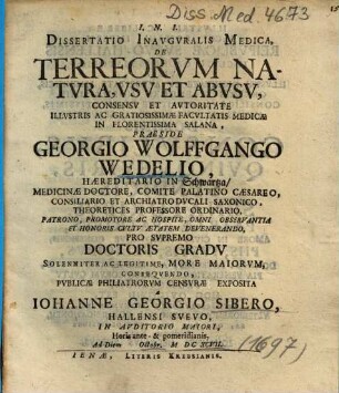 Dissertatio Inavgvralis Medica, De Terreorvm Natvra, Vsv Et Abvsv