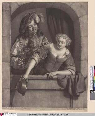 [Das Weib mit dem Topf am Fenster, hinter ihr ein junger Mann mit dem Weinpokal; Cavalier and a girl in a niche]