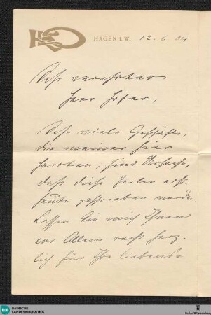 Briefe von Karl Ernst Osthaus an Karl Hofer - K 2962