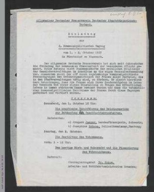 Entwurf - Einladung zur 2. Kommunalpolitischen Tagung des ADF am 1. und 2. Oktober 1927 in Eisenach