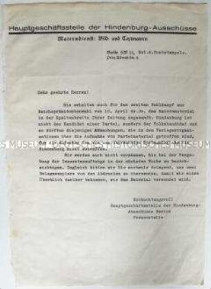 Schreiben der Hindenburg-Ausschüsse zur Versendung von Wahlpropaganda für die Reichspräsidentenwahl 1932