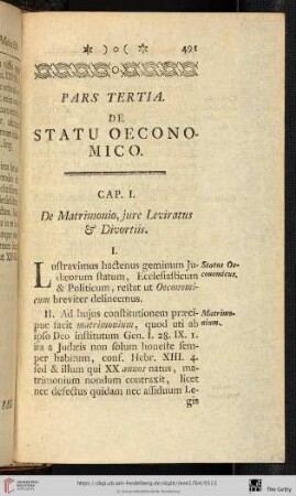 Pars tertia: De statu oeconomico