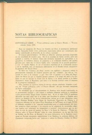 Notas bibliográficas - Antonello Gerbi: "Viejas polémicas sobre el Nuevo Mundo", Tercera edición, Lima, 1946