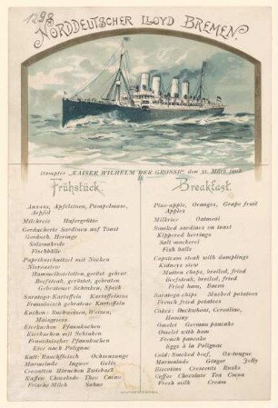 Menükarte : Frühstück, Dampfer "Kaiser Wilhelm der Grosse"