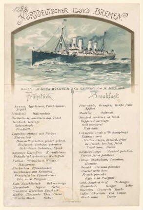 Menükarte : Frühstück, Dampfer "Kaiser Wilhelm der Grosse"