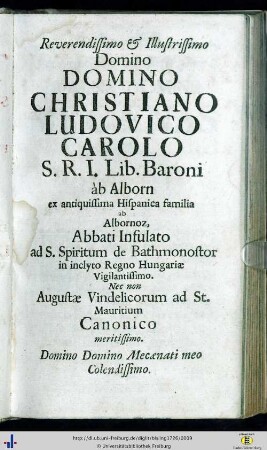Reverendissimo et illustrissimo domino […] Christiano Ludovico Carolo…