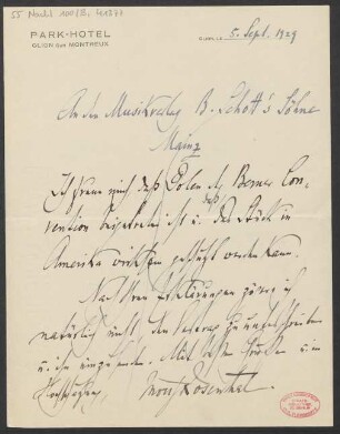 Brief an B. Schott's Söhne : 05.09.1929