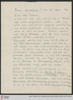 Nachlass Alfred Hettner, Eingegangene Briefe, Korrespondenz Leo Waibel/Alfred Hettner: Brief von Leo Waibel an Alfred Hettner