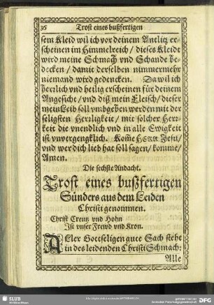 Die sechste Andacht. Trost eines bußfertigen Sünders aus dem Leiden Christi genommen