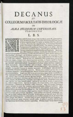 Decanus Et Collegium Facultatis Theologicae In Alma Studiorum Universitate Tubingensi L. B. S.