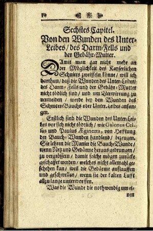 Sechstes Capitel. Von den Wunden des Unterleibes des Darm-Fells und der Gebähr-Mutter.