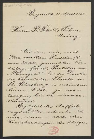 Brief an B. Schott's Söhne : 22.04.1905