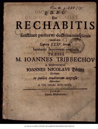 De Rechabitis sanctitate pariter ac doctrina conspicuis : occasione Capitis XXXV. Jerem.