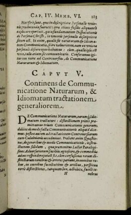 Caput V. Continens de Communicatione Naturarum, & Idiomatum tractationem generaliorem.