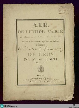 Air de Lindor varié : Le clavecin ou le forte Piano Avec accompagnement De deux violon et basse obligé Cors ad Libitum; Oeuvre VIII